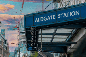 Aldgate Station London Underground station from outside, showing blue sign above the tube station with 'Aldgate Station' written on
